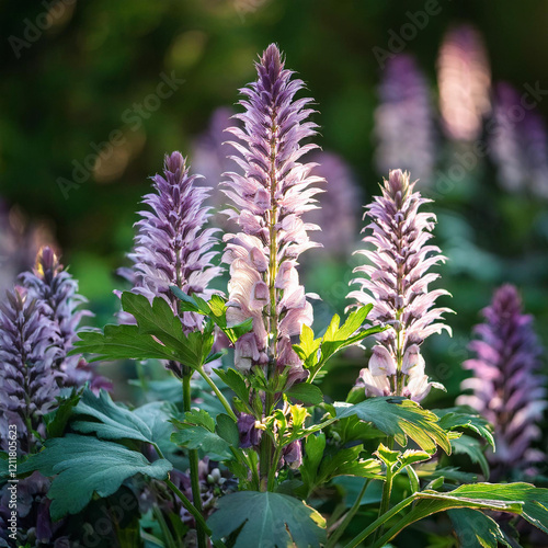 Tall purple lupine flowers stand in full bloom against a blurred green garden background.