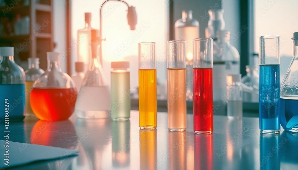 Glass test tubes with liquid stand on a table in a chemical laboratory. Checking the quality of petroleum products refining concept. Glass test tubes with liquid stand on a table in a chemical laboratory. Checking the quality of petroleum products refining concept.
