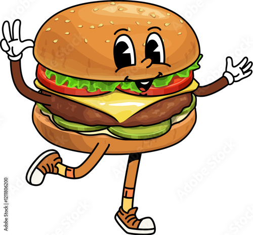 Groovy fast food cheeseburger character. Cartoon retro burger waving hand and showing peace sign. Isolated vector fastfood personage with wide smile, cheese, beef and lettuce exudes funky 60s vibe