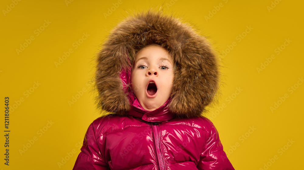 Portrait of little girl, child in pink warm winter coat yawning, feeling sleepy against yellow studio background. Concept of childhood, emotions, lifestyle Portrait of little girl, child in pink warm winter coat yawning, feeling sleepy against yellow studio background. Concept of childhood, emotions, lifestyle