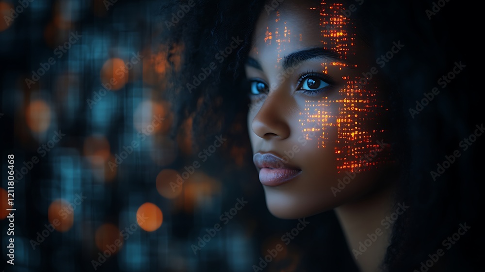 Woman with futuristic digital face paint. Woman with futuristic digital face paint.