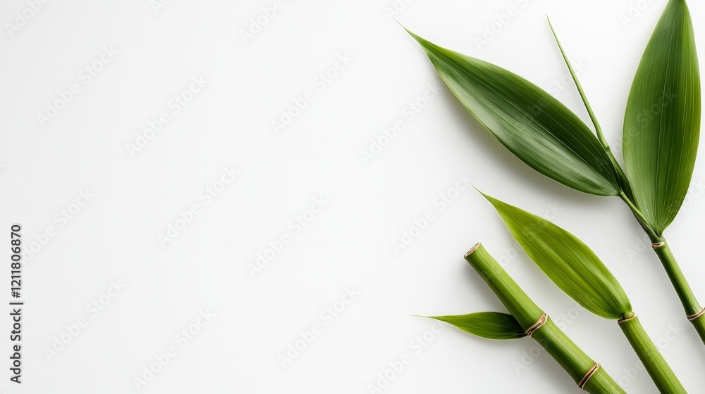 Fototapeta premium Close-up of vibrant green bamboo leaves on a light background, suitable for wellness, nature, or eco-friendly themes in marketing, design, and products,