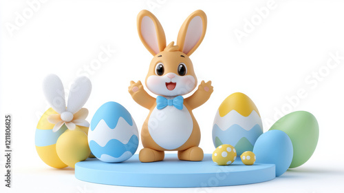 cute rabbit character celebrating Easter with colorful eggs, creating joyful atmosphere. Perfect for festive themes and children illustrations photo