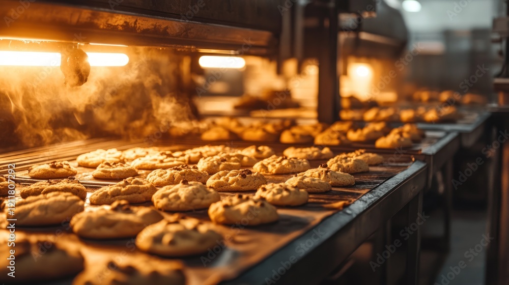 Freshly baked cookies cooling on trays in a commercial kitchen. Freshly baked cookies cooling on trays in a commercial kitchen.
