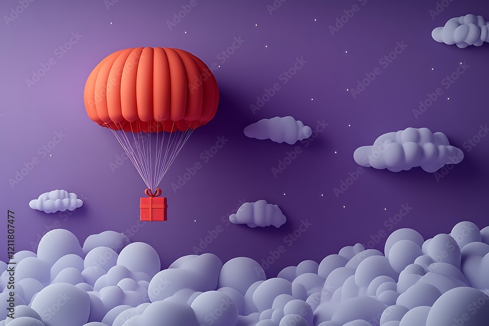 Obraz premium Three hot air balloons with gift boxes on purple background.