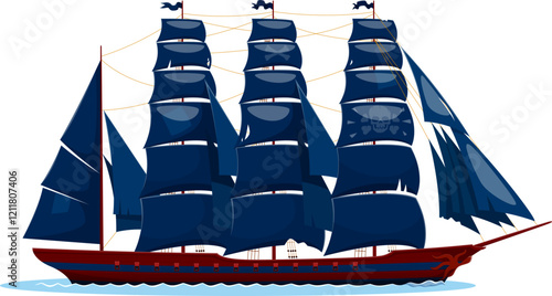 Buccaneer pirate ancient frigate sail ship. Privateer ancient galleon warship. Buccaneer antique caravel ship isolated vector or pirate historical frigate vessel with skull and bones on sails