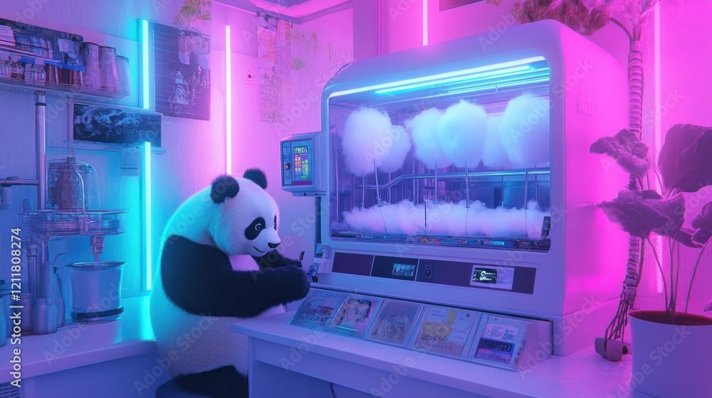 A panda operates a cotton candy machine in a colorful, neon-lit environment. A panda operates a cotton candy machine in a colorful, neon-lit environment.