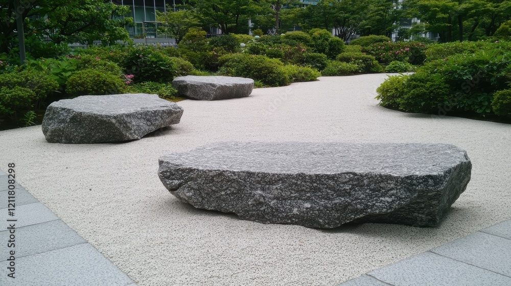 Fototapeta premium Serene Minimalist Courtyard with Large Rocks Surrounded by Lush Greenery and Tranquil Vibes