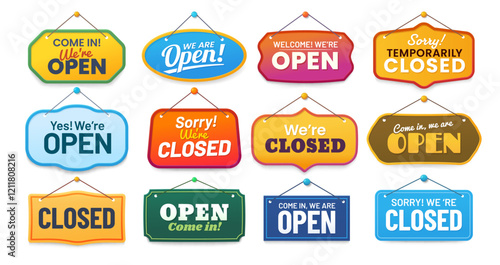 Open and closed shop board signs, vector notice signboards set. Cartoon vintage hanging door tags and banners with welcome we are open and sorry we are closed signs, store, cafe, and bar color labels