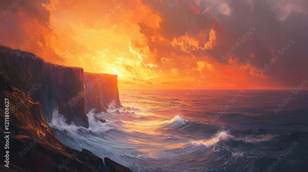 Fototapeta premium Fiery orange sunset casting light on dramatic coastal cliffs with powerful waves below