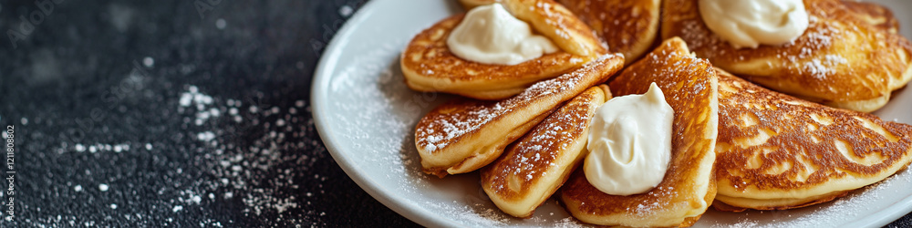Delicious qatayef pancakes with cream cheese filling and icing sugar topping with copy space Delicious qatayef pancakes with cream cheese filling and icing sugar topping with copy space