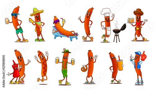 Cartoon groovy sausage characters of retro hippie meat food. Funny groovy sausages vector personages at barbecue party with grill, hot dogs, beer and cocktails, sunglasses, sombrero and chef hat