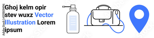Hand sanitizer bottle, stylish bag, and blue map location pin. Ideal for travel websites, packing guides, travel blogs, e-commerce, product promotions, outdoor activities, and travel planning