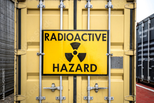 A bright yellow container with a radioactive hazard sign, indicating potential danger from radioactive materials. photo