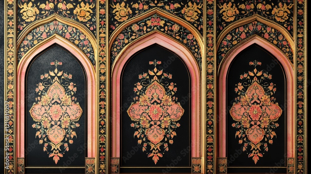 Ornate door design in Indian and Arabic style, featuring pink, peach, and golden hues on a black background. Ornate door design in Indian and Arabic style, featuring pink, peach, and golden hues on a black background.