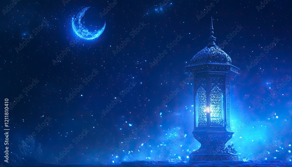 Eid Mubarak and Ramadan Kareem greetings with an Islamic lantern, moon, and stars, with space for text on a dark blue background. Eid Mubarak and Ramadan Kareem greetings with an Islamic lantern, moon, and stars, with space for text on a dark blue background.