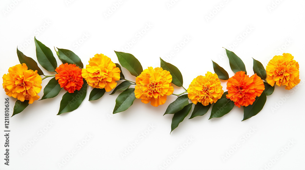 Orange and yellow Marigold Flower and mango leaf garland decoration for indian Ugadi festival. Indian festive decoration on white background Orange and yellow Marigold Flower and mango leaf garland decoration for indian Ugadi festival. Indian festive decoration on white background