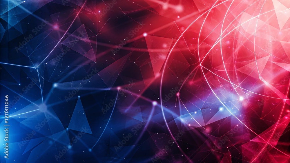 Fototapeta premium Abstract blue and red light with digital connecting dots decoration, with space and gaming background wallpaper, futuristic technology backdrop with glowing particles and virtual elements