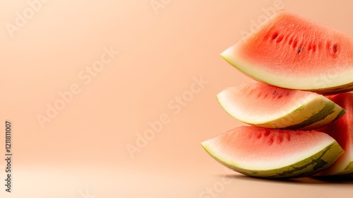 Juicy watermelon slices are artistically arranged against a soft peach background, perfect for summer-themed projects, food blogs, or health articles, Ideal for refreshing visual content, photo