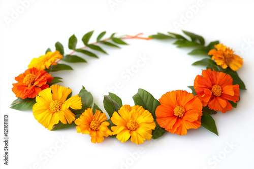 Orange and yellow Marigold Flower and mango leaf garland decoration for indian Ugadi festival. Indian festive decoration on white background photo