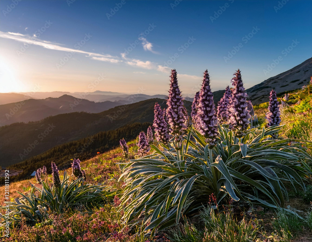 Beautiful purple lupine flowers bloom on a mountainside during golden hour with a stunning view of mountain ranges stretching into the distance under a clear blue sky. Beautiful purple lupine flowers bloom on a mountainside during golden hour with a stunning view of mountain ranges stretching into the distance under a clear blue sky.