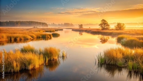 Serene marshland at dawn with reflective waters and golden grasses under a hazy sky  marshland  dawn  serene  reflective  waters