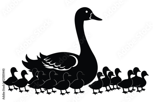 Black and white silhouettes of a duck family with duck