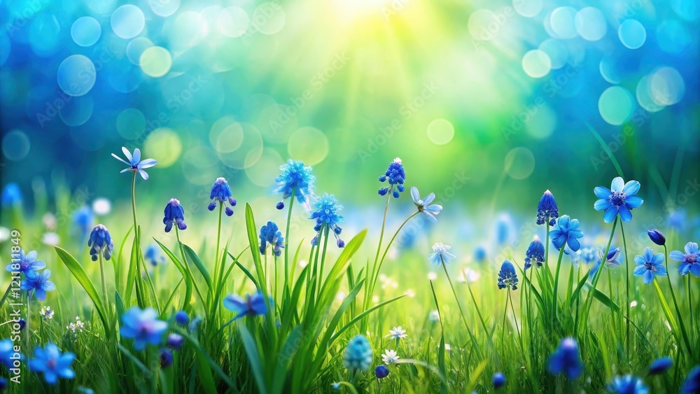 Fototapeta premium Spring meadow background with vibrant blue flowers and lush green grass, spring, meadow, background, blue flowers