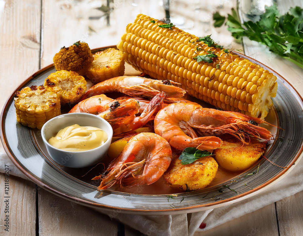 A seafood platter featuring grilled shrimp, corn on the cob, potatoes, is served on a elegant plate with decorative lines. A seafood platter featuring grilled shrimp, corn on the cob, potatoes, is served on a elegant plate with decorative lines.