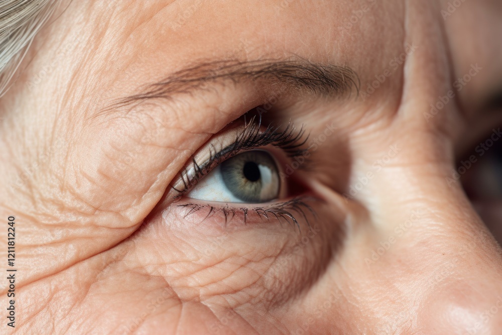 Obraz premium Close up of a senior woman's eye, highlighting wrinkles and the effects of aging on skin