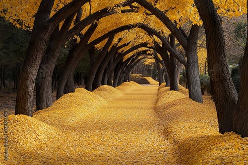 A serene forest path covered in golden leaves, with trees arching overhead, creating a sense of peace and the beauty of love in nature. photo