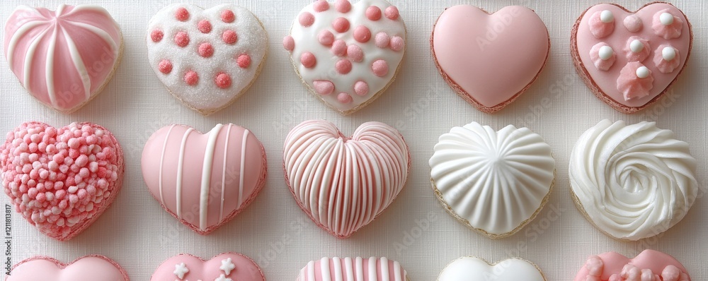 A beautiful display of pink and white heart-shaped desserts, featuring various textures and decorations, perfect for celebrations or sweet gifts. A beautiful display of pink and white heart-shaped desserts, featuring various textures and decorations, perfect for celebrations or sweet gifts.