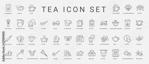 tea ceremony set outline icons, whisk spoon table mat