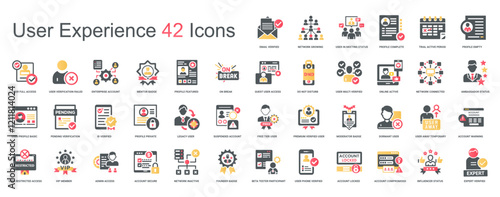 user experience states account status user roles user actions set 42 flat icons, checkmark complete connection bug