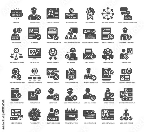 user experience account status user roles user actions glyph icons, checkmark complete connection bug