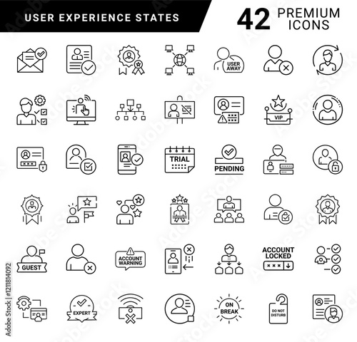 user experience states set 42 thin line icons, message member logout new