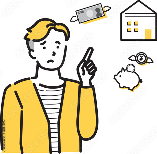 住宅費に悩む若い男性の指差しイラスト