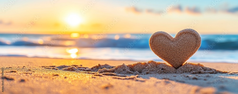 Fototapeta premium A heart-shaped sand sculpture sits on the beach, with gentle waves and a beautiful sunset in the background, creating a romantic and serene atmosphere.
