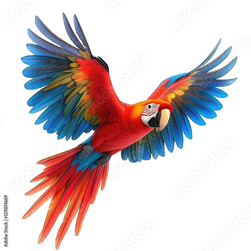 3D Cartoon red and blue macaw flying gracefully through the vibrant sky isolated on transparent background, PNG photo