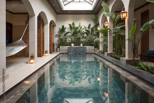 Wallpaper Mural Luxury Indoor Pool Design Tropical Plants Hammock Relaxation Spa Resort Tranquil Oasis Serene Atmosphere Peaceful Environment Elegant Architecture Modern Interior Design Swimming Pool Water Reflection Torontodigital.ca