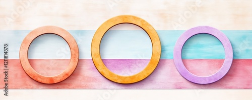 Abstract composition featuring three colorful rings against a pastel background, creating a vibrant and modern aesthetic.