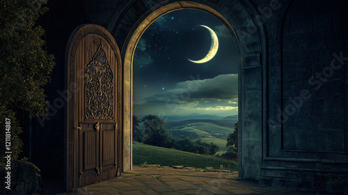 An open door leading to the night sky with a crescent moon