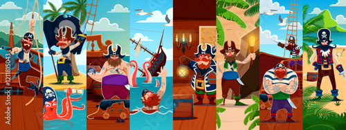 Cartoon pirate captain and skipper, boatswain and corsair sailor characters collage, vector background. Caribbean pirate characters on sinking ship on treasure island or corsairs with guns on boat