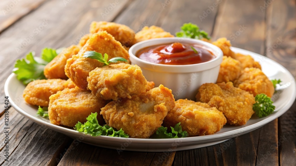 Crispy chicken nugget on a plate with dipping sauce, appetizer, golden, appetizer Crispy chicken nugget on a plate with dipping sauce, appetizer, golden, appetizer