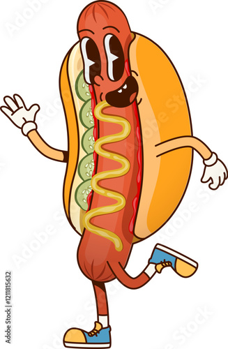 Groovy fast food hot dog character. Isolated cartoon vector tasty hotdog fastfood personage wearing cool vintage sneakers with a funky, laid-back, vibe, featuring charming smile and mustard drizzle