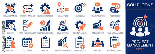 Project management icons, such as collaboration, workflow, milestones, deadlines and more. Vector illustration. Easily changes to any color.