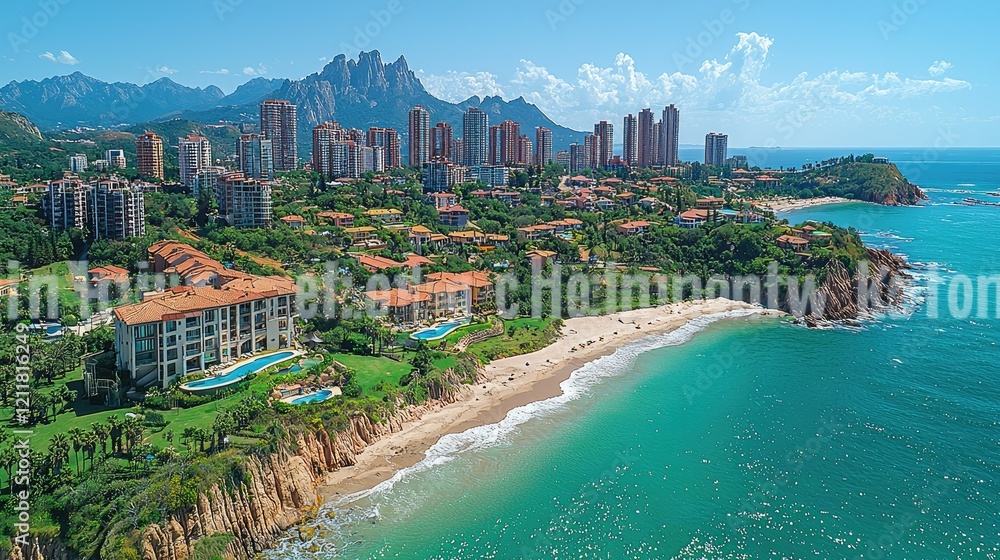 Obraz premium Coastal Cityscape Featuring Modern Buildings and a Sandy Beach
