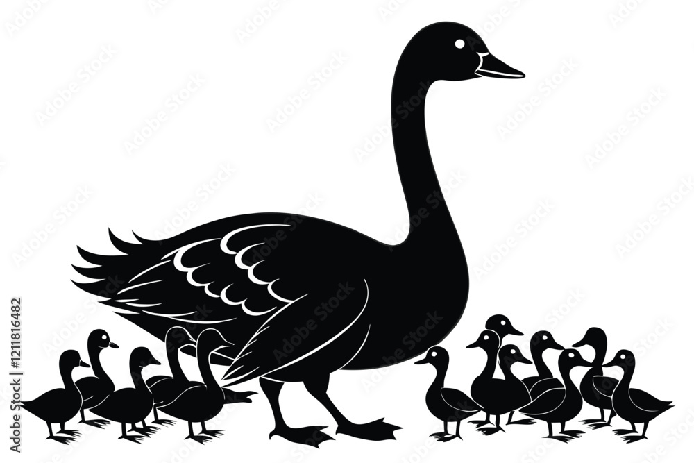 Black and white silhouettes of domestic ducks with ducklings in different poses Black and white silhouettes of domestic ducks with ducklings in different poses