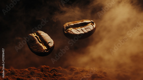 Coffee Beans Floating in Smoky Atmosphere