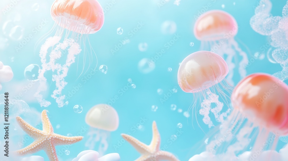 Colorful Jellyfish Swimming Underwater with Floating Bubbles